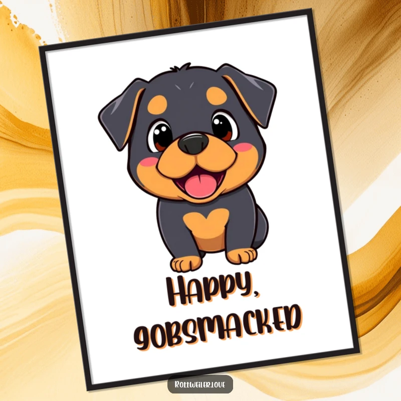 Funny Kawaii Rottweiler digital art print of a dog with a surprised and happy expression, perfect for download and immediate cheer.