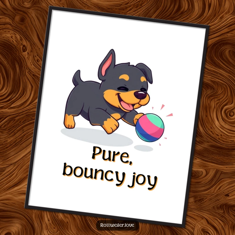 Funny Kawaii Rottweiler digital art print of a joyful dog chasing a toy, perfect for immediate download and adding playful charm.