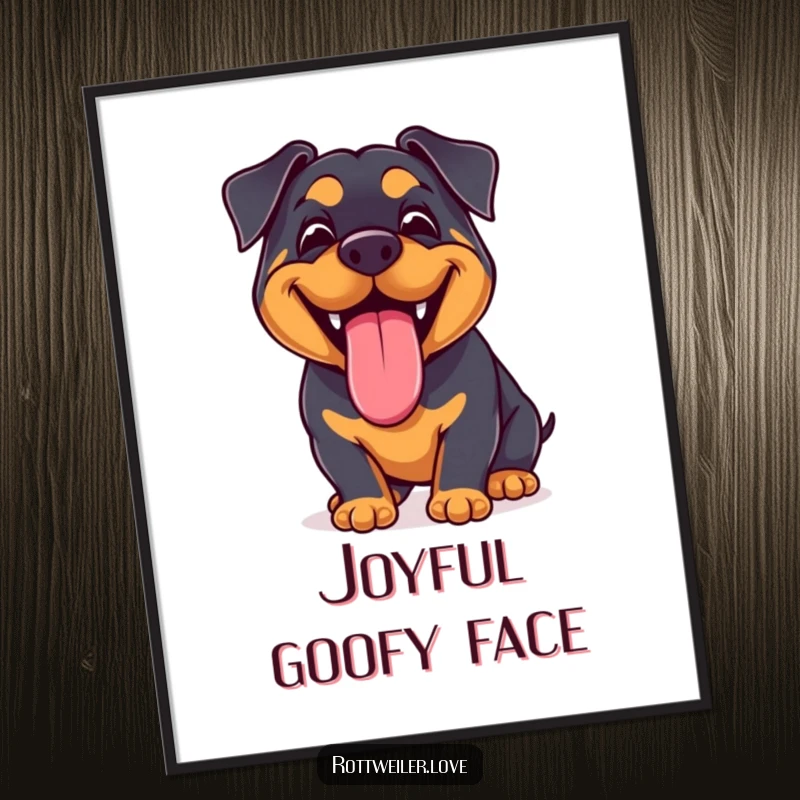 Funny Kawaii Rottweiler Digital Art Print of a joyful dog with a huge grin and lolling tongue, perfect for instant cheerful decor.