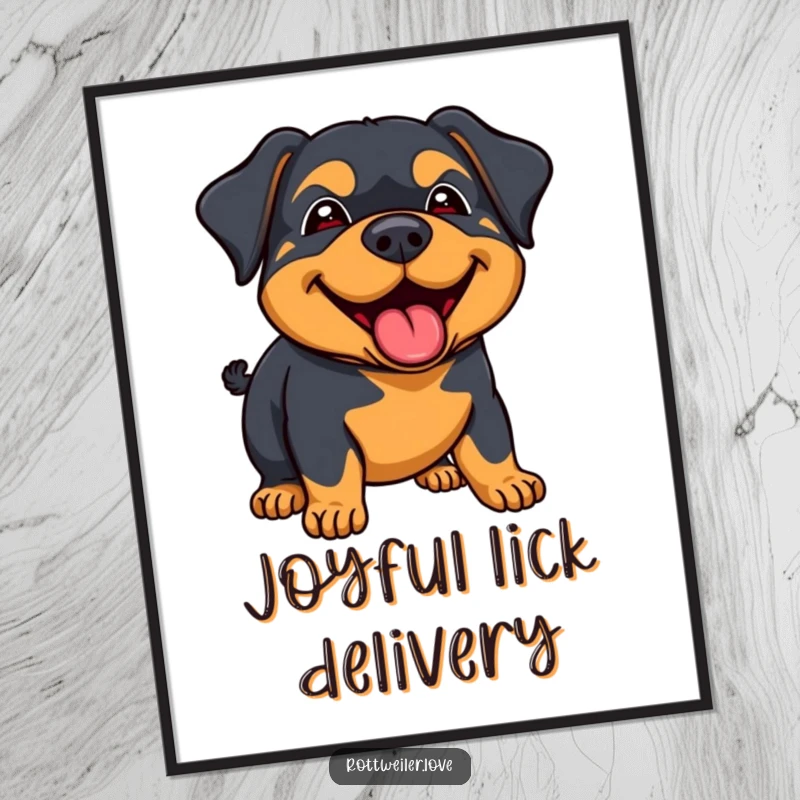 Funny rottweiler digital art print depicting a dog's joyous lick and happy demeanor, perfect for adding warmth and humor.