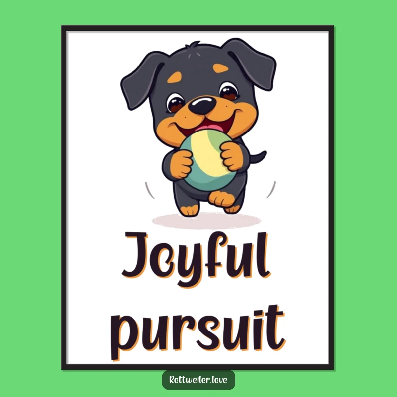 Funny Kawaii Rottweiler Chase Digital Art: Playful Toy Print, Energetic Dog Decor