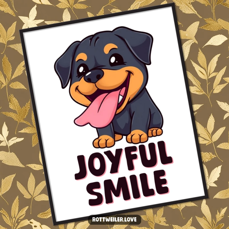 Funny Kawaii Rottweiler digital art print of a joyful grin with tongue lolling out, radiating happiness.