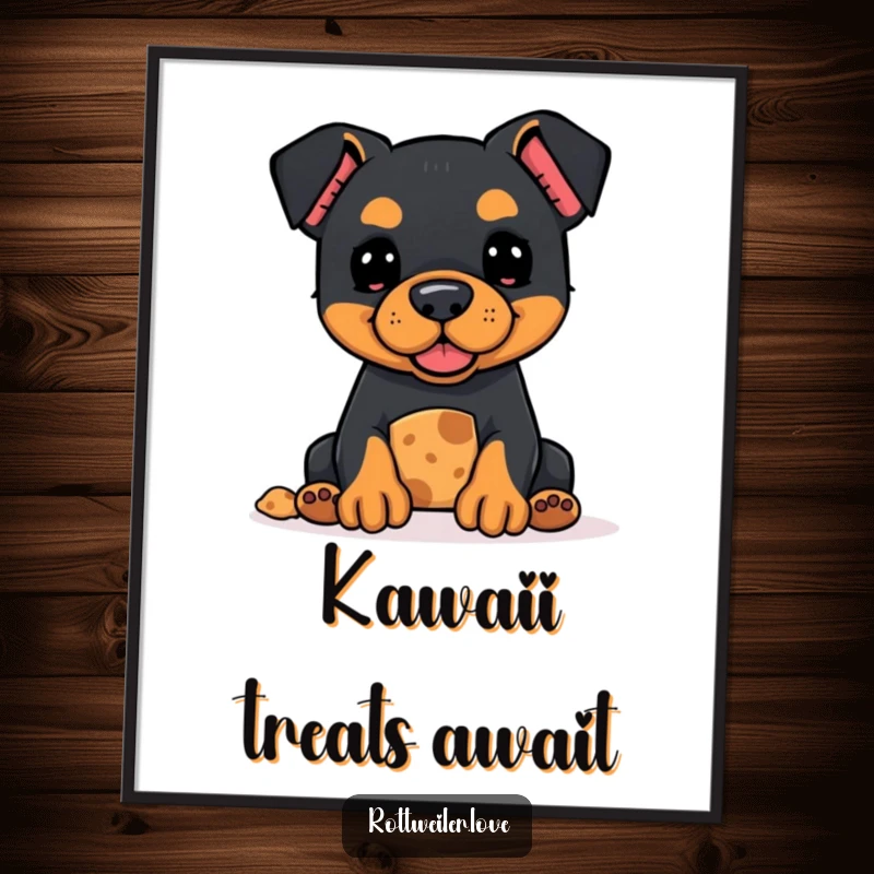 Funny Kawaii Rottweiler digital art print of a hopeful dog offering a treat, ideal for instant cute decor.