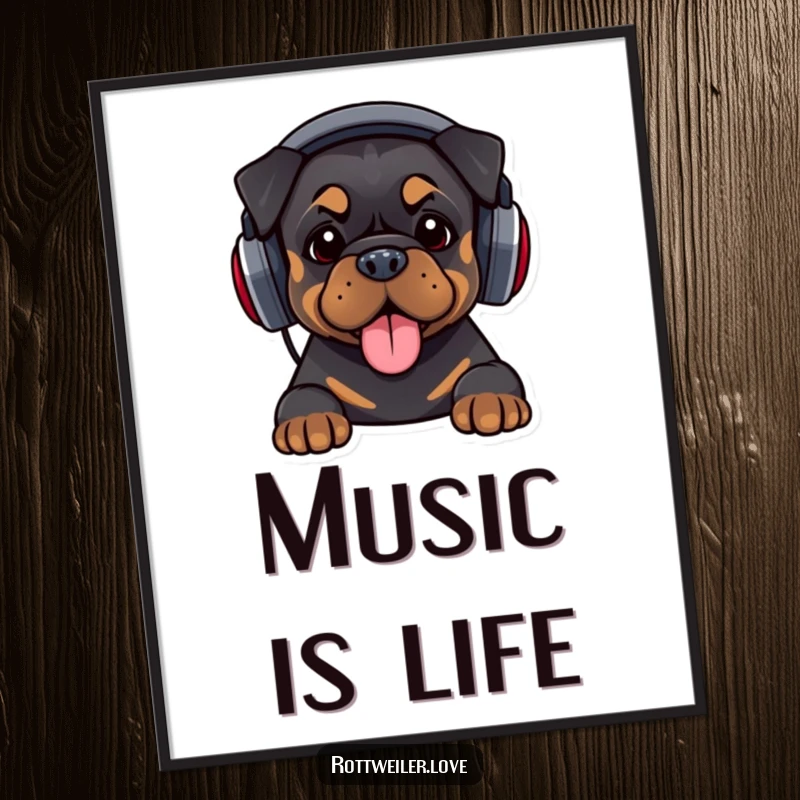 Funny digital art print of a Rottweiler wearing oversized headphones and bopping its head, ideal for humorous musical decor.