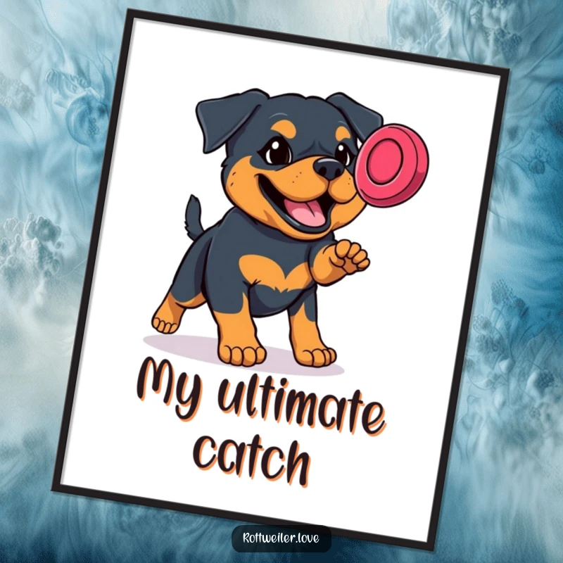 Funny Rottweiler digital art print showing a determined dog leaping high to catch a frisbee, full of energetic humor.