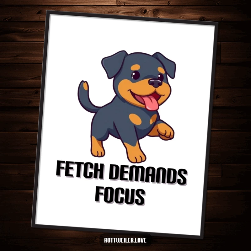 Funny Rottweiler digital art print of a happy Rottweiler mid-run, chasing a fetched ball. High-resolution download for printing.