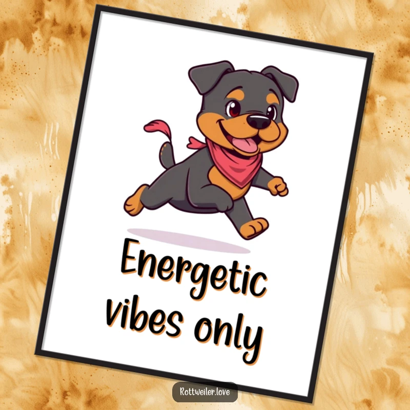 Funny Rottweiler digital art print of a cool Rottweiler wearing a small bandana, mid-run. High-resolution download for printing.