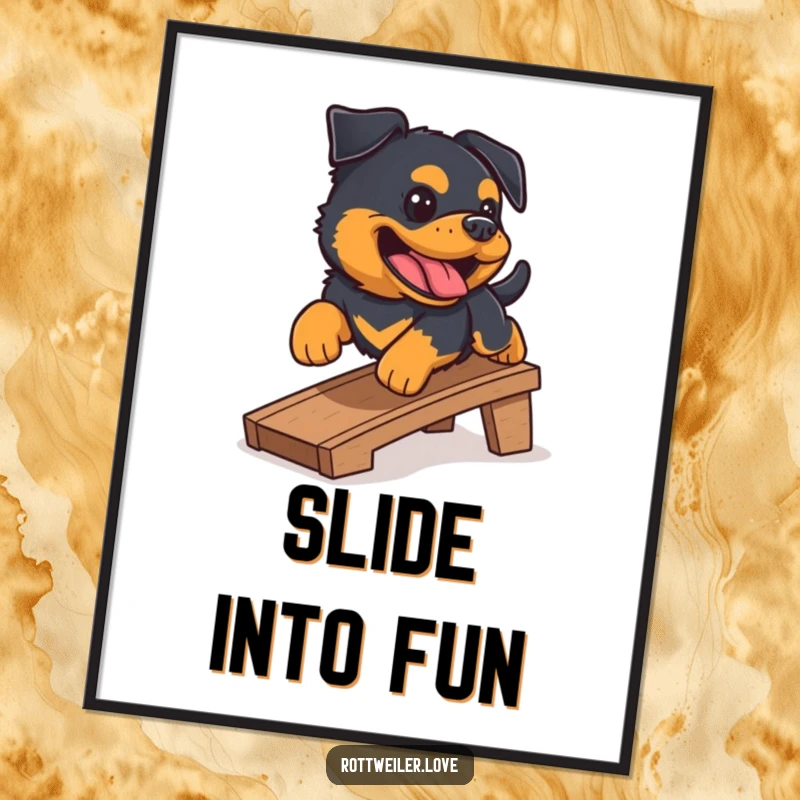 Funny Rottweiler digital art print of a happy Rottweiler sliding down a ramp with a gleeful bark. High-resolution download.