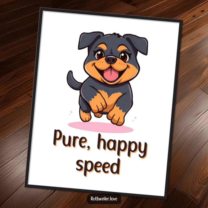 Funny Kawaii Rottweiler digital art print of a determined and cheerful dog running, ready to be printed and add energy to decor.