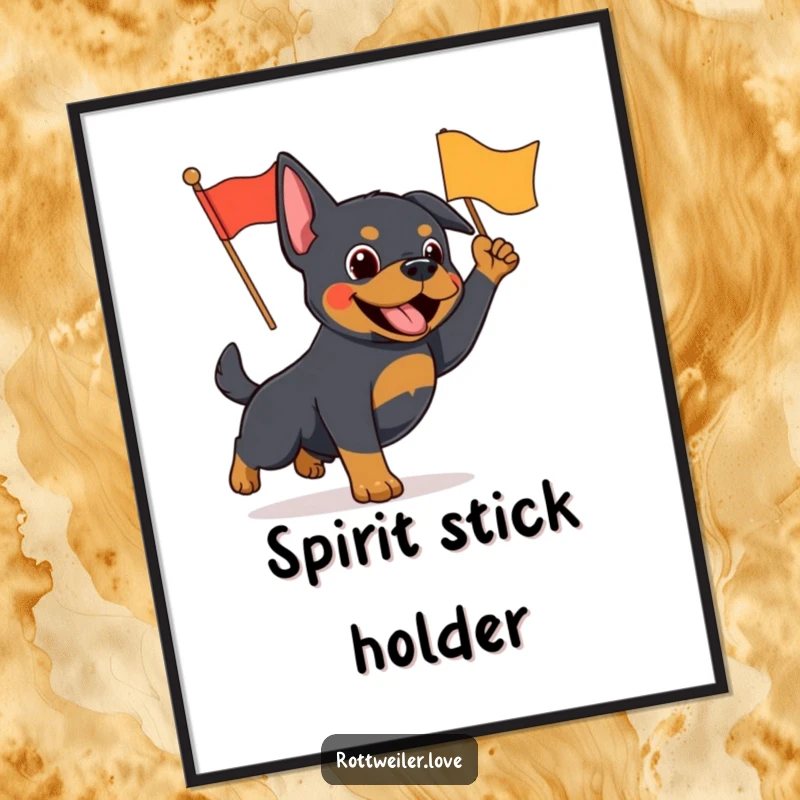 Funny Rottweiler digital art print showing an energetic dog waving a small flag, capturing pure enthusiasm and joy.