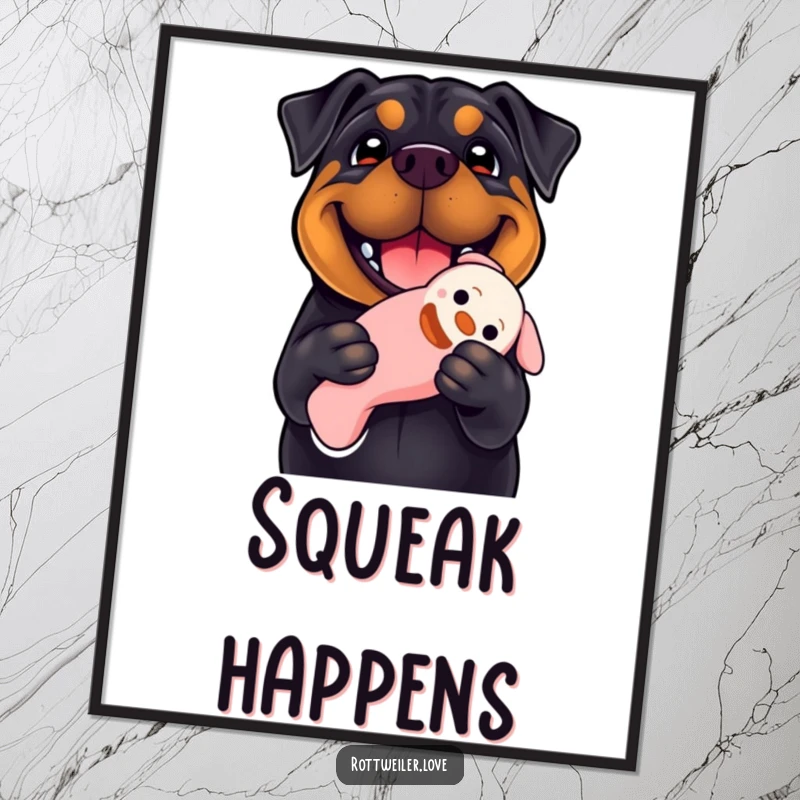 Funny Rottweiler digital art print of a dog with a huge smile holding a floppy squeaky toy, capturing pure canine happiness and playfulness.