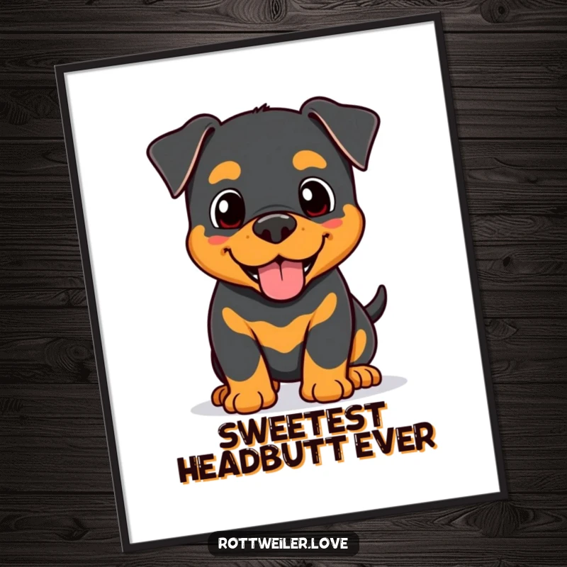 Funny Kawaii Rottweiler digital art print of a happy dog offering a gentle head nudge, perfect for printing and displaying.