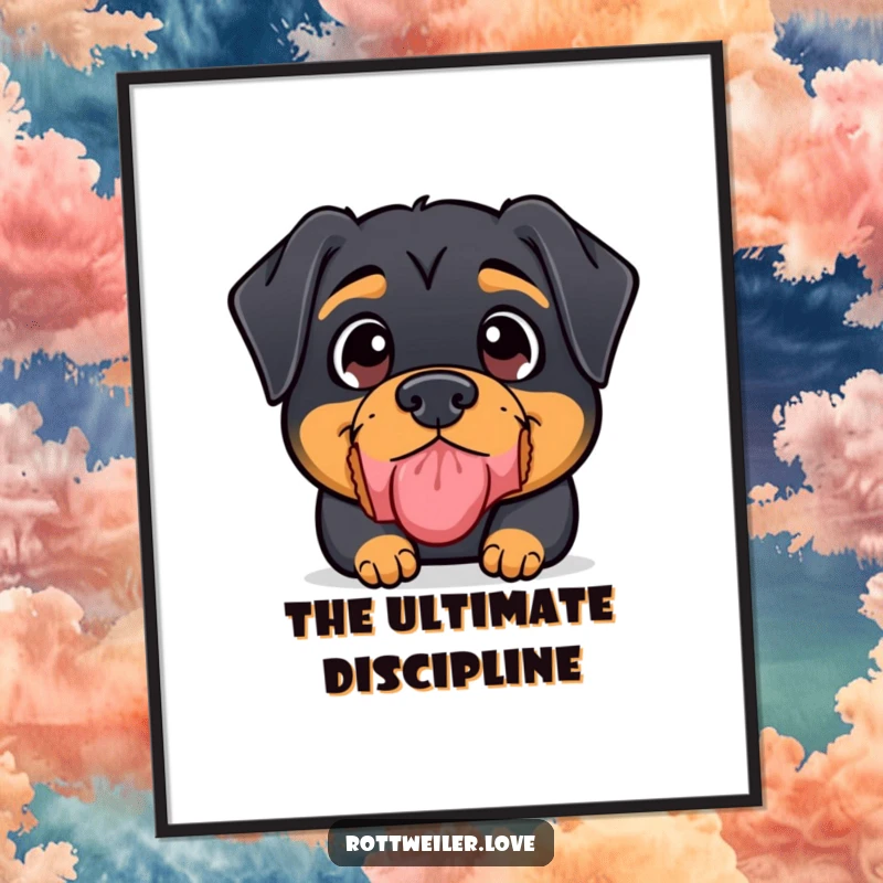 Funny Rottweiler Digital Art Print of a kawaii rottweiler with wide eyes balancing a treat on its nose, adding digital charm.
