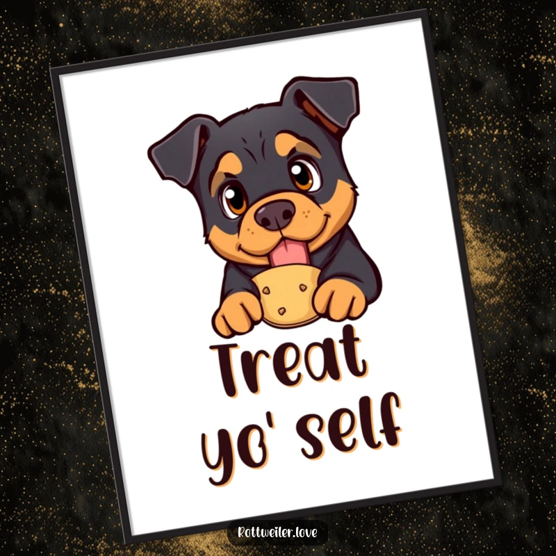 Funny rottweiler digital art print showing a curious dog with bright eyes looking at a treat, perfect for humorous decor.