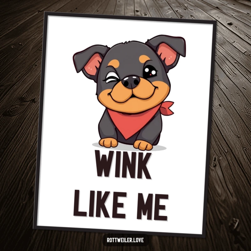 Funny Rottweiler digital art print of a dog wearing a silly bandana and giving a playful wink, capturing cheeky charm and playful personality.