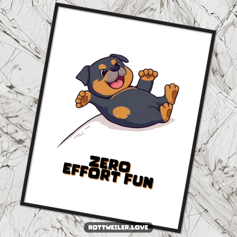 Funny Rottweiler digital art print showing a dog sliding on its back, paws up, capturing a moment of pure, unbridled fun.