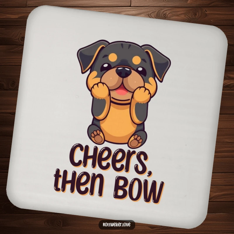 Funny drink coaster with a Rottweiler in a playful bow, adding humor and protection to tabletops.