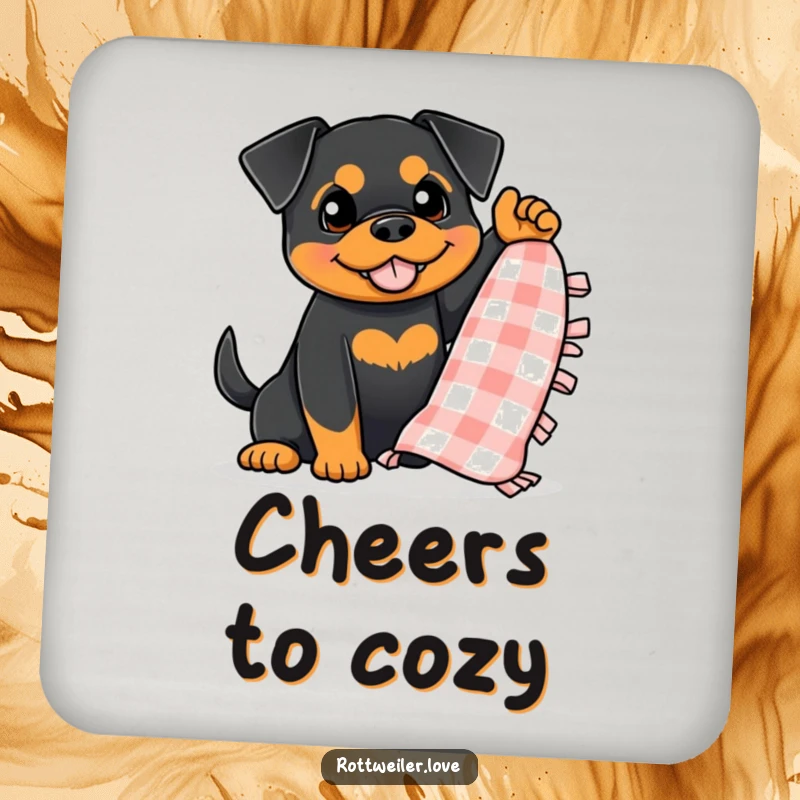 Funny Rottweiler Drink Coaster featuring a dog enthusiastically waving a small, checkered blanket, adding a touch of cozy charm.