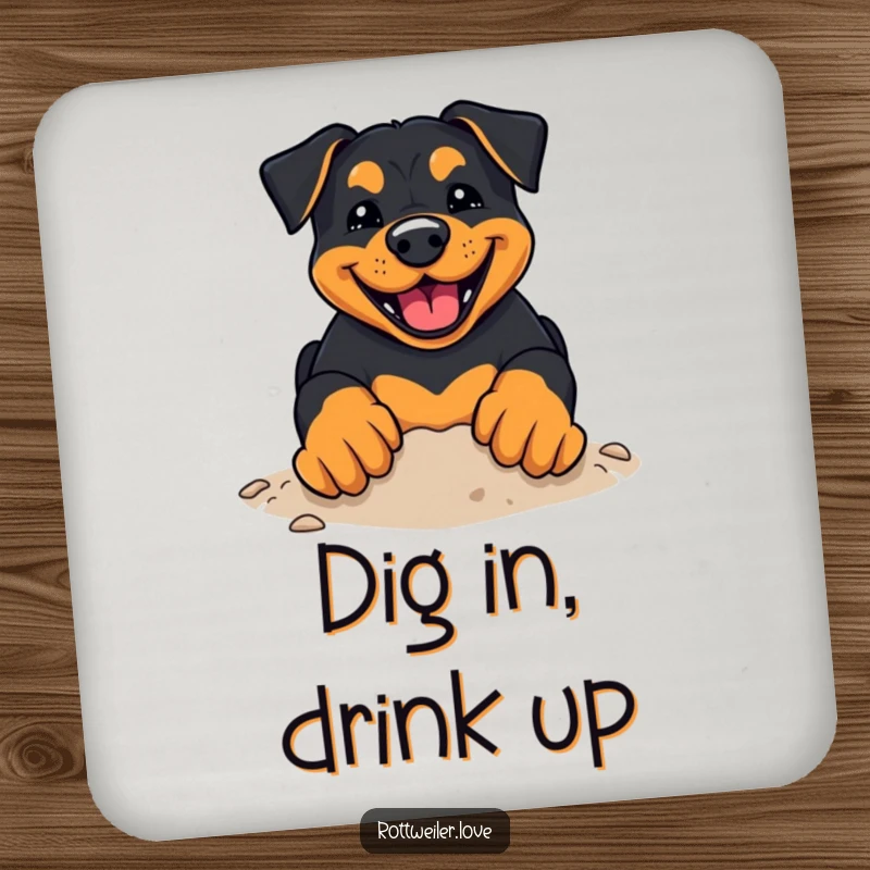 Funny Rottweiler Coaster featuring a kawaii rottweiler with a happy grin, digging enthusiastically with its paws, protecting surfaces.