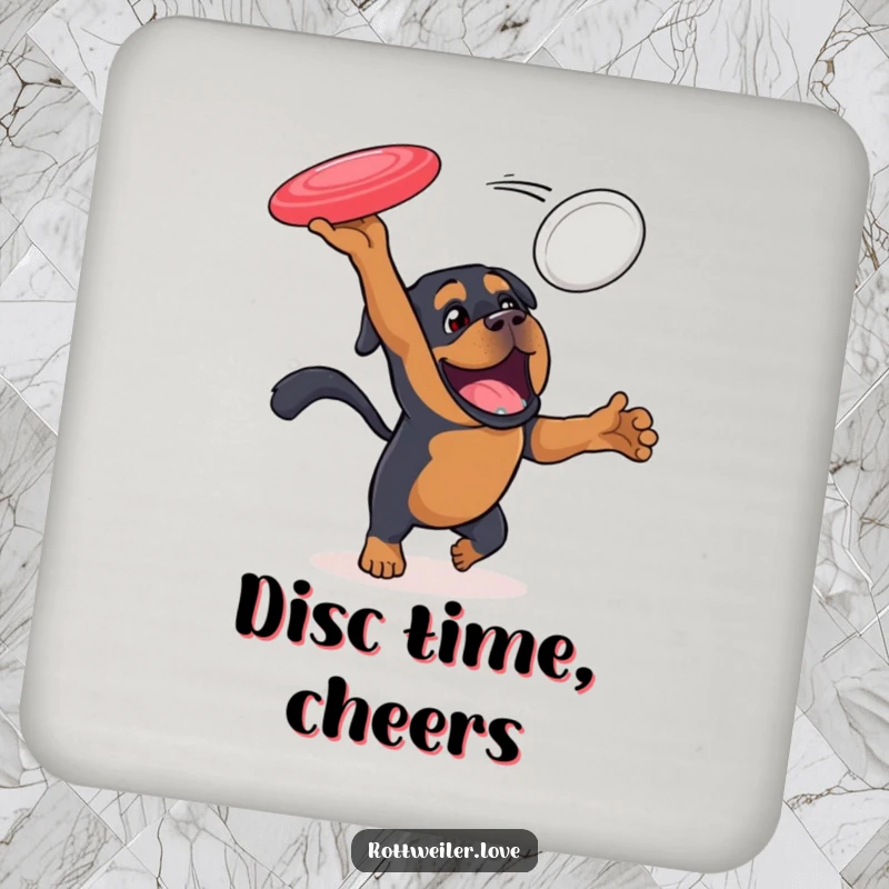 Funny Rottweiler coaster featuring an energetic dog leaping to catch a flying disc, adding sporty charm and surface protection.