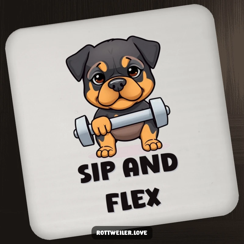 Funny drink coaster featuring a determined Rottweiler lifting a dumbbell, offering protection and humorous fitness motivation.