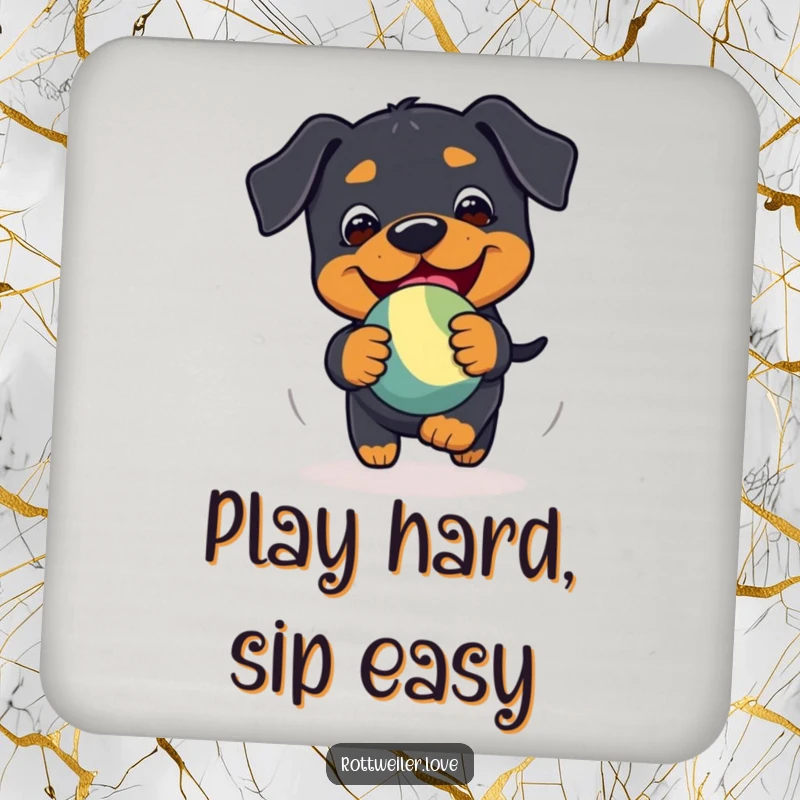 Funny Kawaii Rottweiler coaster featuring a playful chase of a bouncy toy with glee, protecting surfaces.
