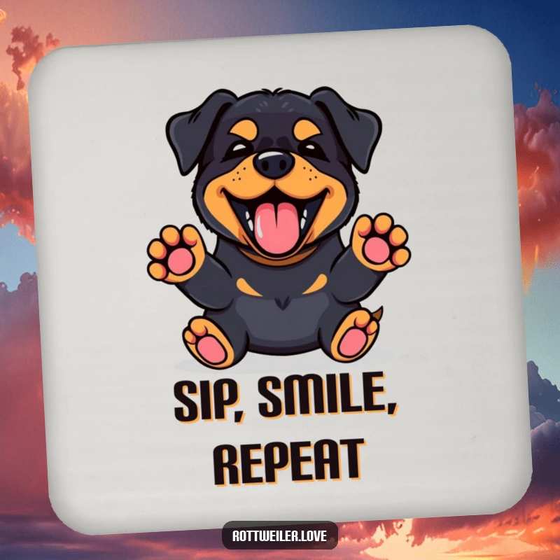 Funny Kawaii Rottweiler coaster featuring a happy bark and paws up, protecting surfaces with adorable charm.