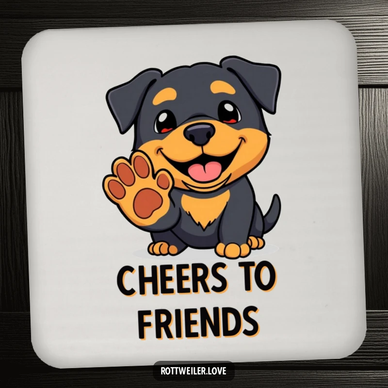 Funny kawaii rottweiler drink coaster with a friendly grin offering a paw, adding cute and humorous protection.