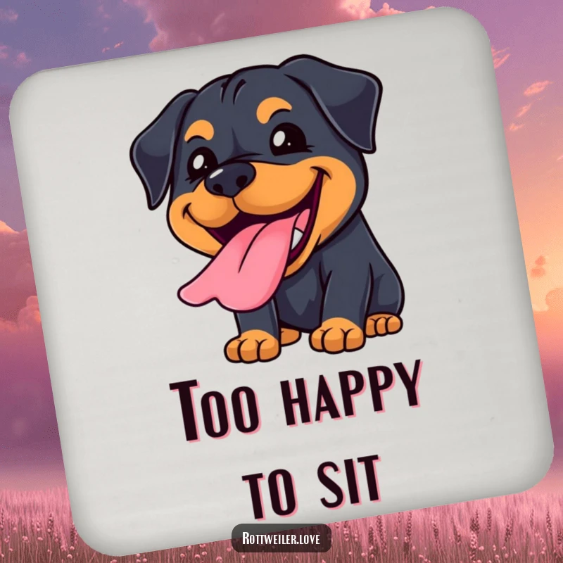 Funny Kawaii Rottweiler coaster featuring a joyful grin and tongue lolling out, protecting surfaces happily.