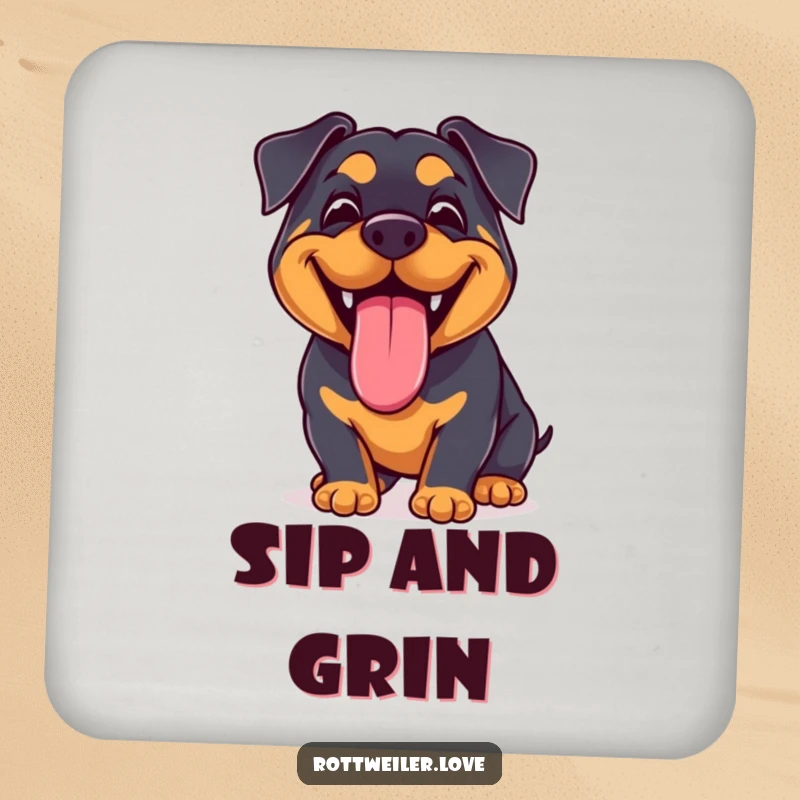 Funny Kawaii Rottweiler Coaster showcasing a joyful dog with a big grin and lolling tongue, adding cheerful protection to any drink setting.