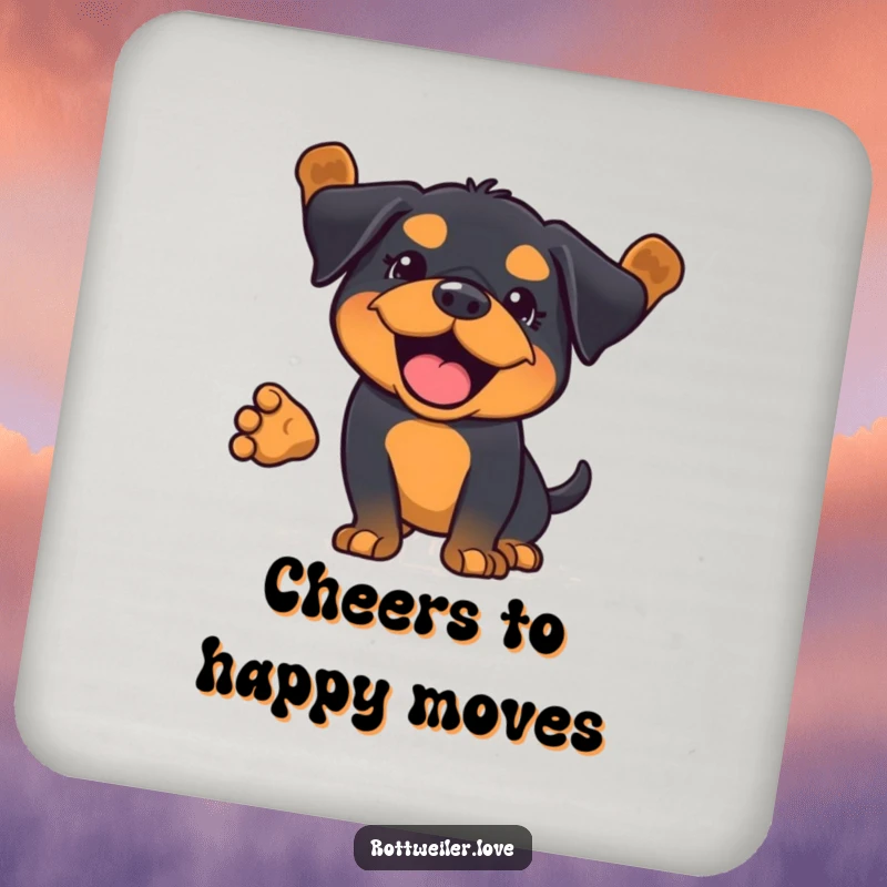 Funny Kawaii Rottweiler coaster featuring a full body wag, adding a touch of playful joy.