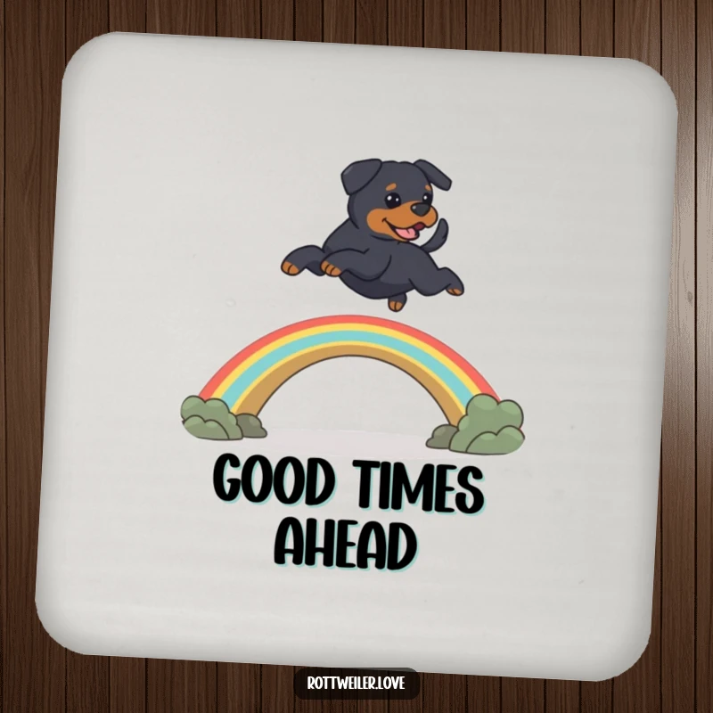 Funny Rottweiler dog leaping over a rainbow bridge, featuring heartwarming pet memorial humor on these protective drink coasters.