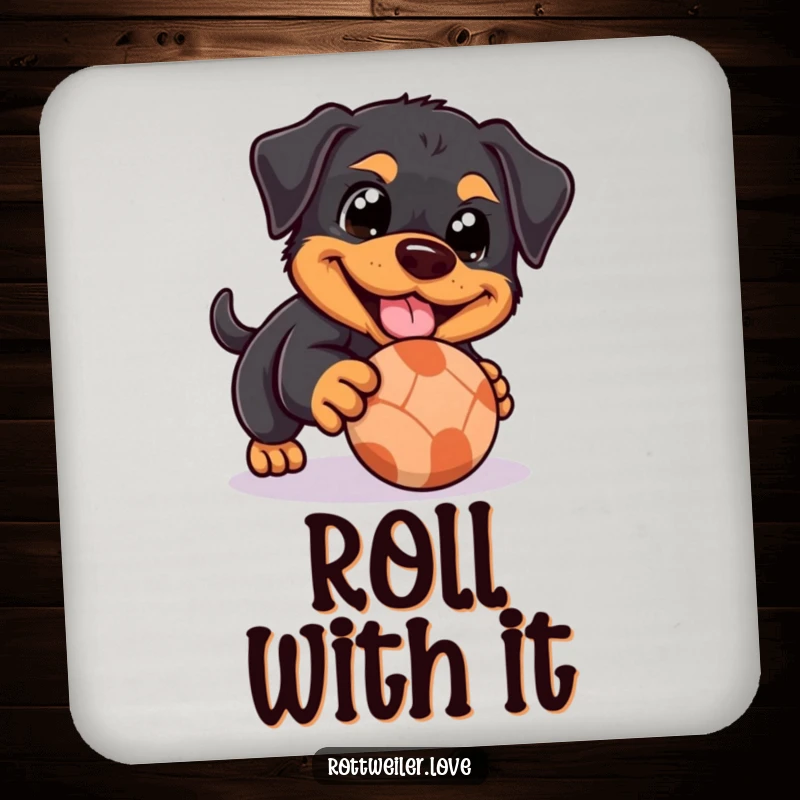 Funny Rottweiler coaster featuring a dog with happy eyes playfully nudging a rolling ball, adding playful charm and surface protection.