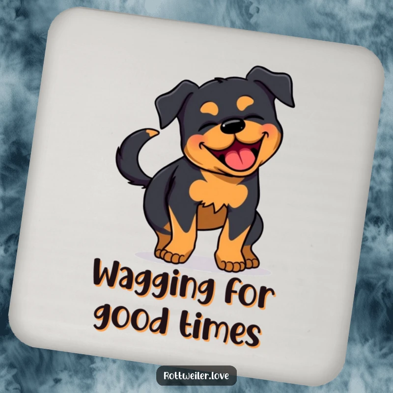 Funny Rottweiler Coaster: A coaster depicting a Rottweiler wiggling with immense joy and its tail wagging.