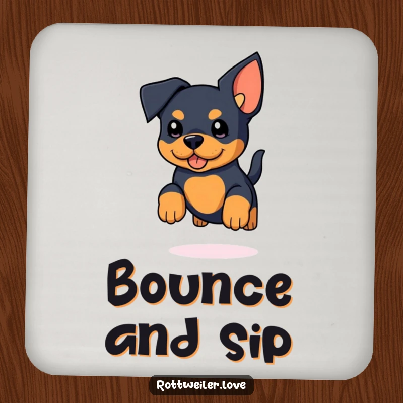 Funny Rottweiler Coaster featuring a kawaii rottweiler with huge ears mid-jump, tail wagging, protecting surfaces with canine charm.