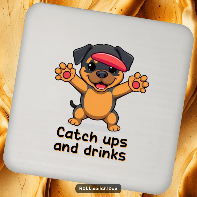 Funny Rottweiler Drink Coaster featuring a dog with paws outstretched, ready to catch a frisbee, protecting surfaces.