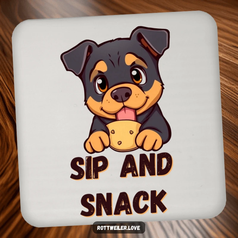 Funny rottweiler drink coaster featuring a curious dog with bright eyes looking at a treat, adding humorous protection.
