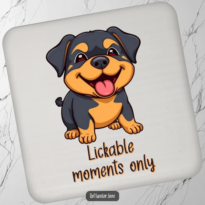 Funny rottweiler coaster illustrating a dog's joyous lick and happy expression, protecting surfaces with warmth and affection.