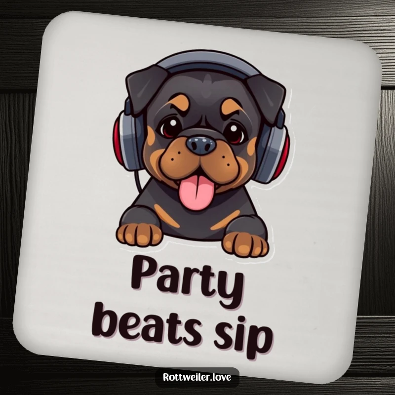 Funny drink coaster featuring a Rottweiler with oversized headphones, bopping its head, offering protection and humorous musical flair.