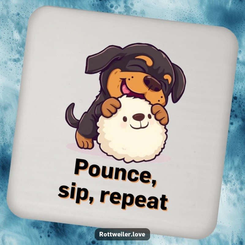 Funny rottweiler coaster illustrating a dog's humorous pounce on a stuffed toy, protecting surfaces with playful charm.