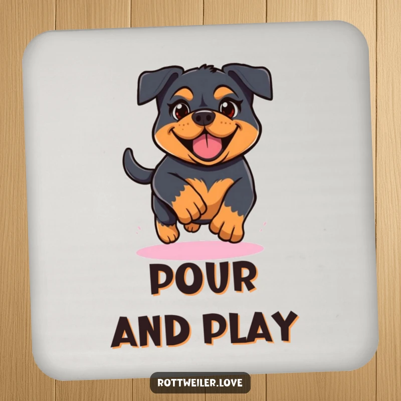 Funny Kawaii Rottweiler coaster showing a determined and cheerful dog running, perfect for protecting tables with a dose of fun.