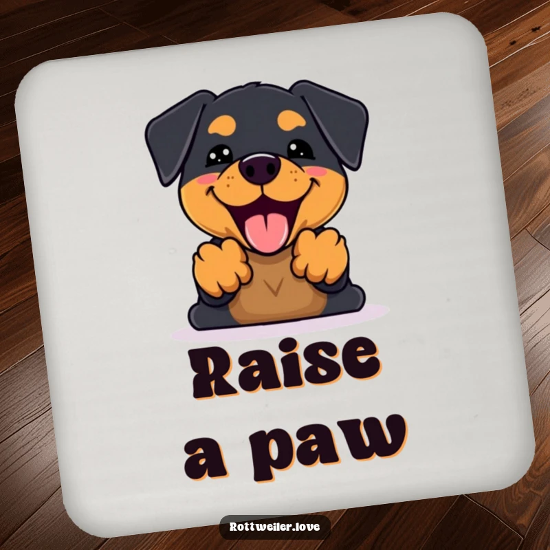 Funny Kawaii Rottweiler Coaster showcasing an enthusiastic dog barking with front paws up, adding cheerful protection to any drink setting.