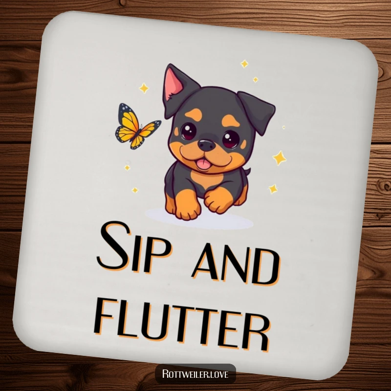 Funny Rottweiler Coaster featuring a kawaii rottweiler surrounded by sparkles, playfully chasing a butterfly, protecting surfaces.