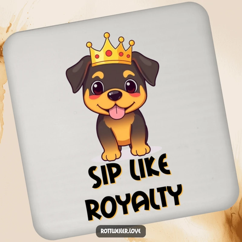 Funny royal rottweiler drink coasters featuring a proud dog with a tiny crown, adding regal protection to tables.