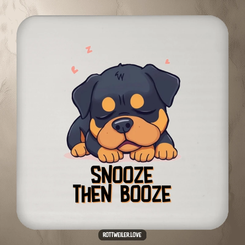 Funny sleepy Rottweiler dog dreaming, featuring peaceful slumber humor on these protective drink coasters.