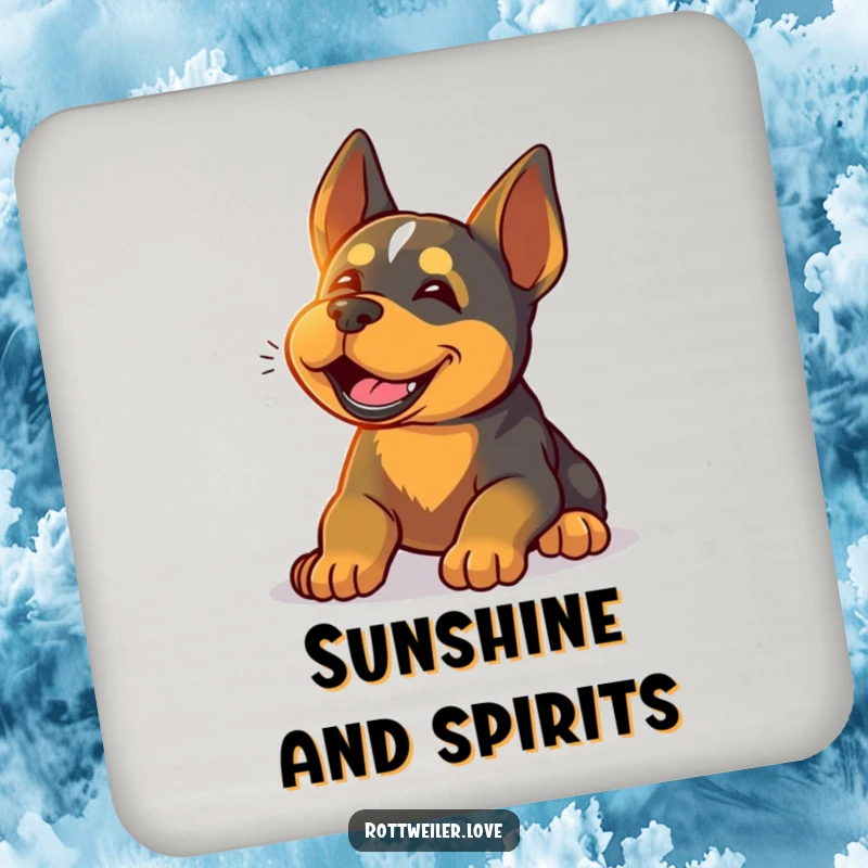 Funny Rottweiler drink coasters featuring a happy dog sighing contentedly while basking in warm sunlight, protecting surfaces with serene canine charm.