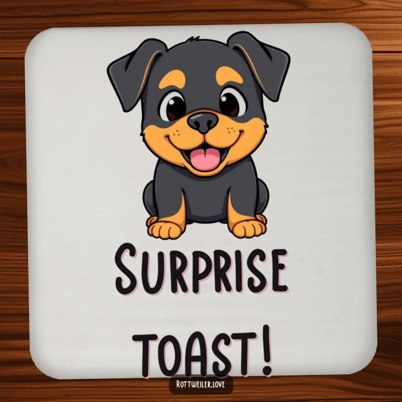 Funny Kawaii Rottweiler coaster featuring a surprised but happy expression, protecting surfaces with charm.