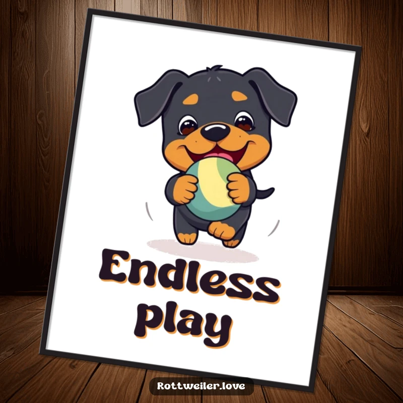 Funny Kawaii Rottweiler poster depicting a playful chase of a bouncy toy with pure glee and energy.