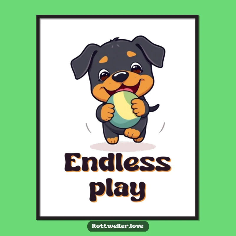 Funny Kawaii Rottweiler Chase Poster: Playful Toy Art, Energetic Dog Decor Gift