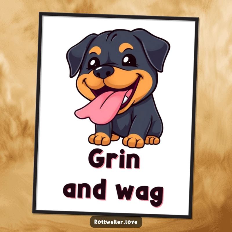 Funny Kawaii Rottweiler poster depicting a big, joyful grin with tongue lolling out, radiating happiness.